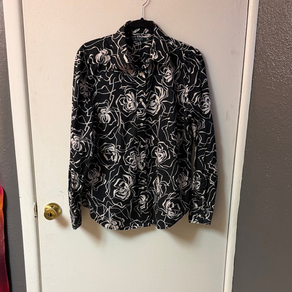 Lauren Ralph Lauren Black and White Rose Button-Down Shirt